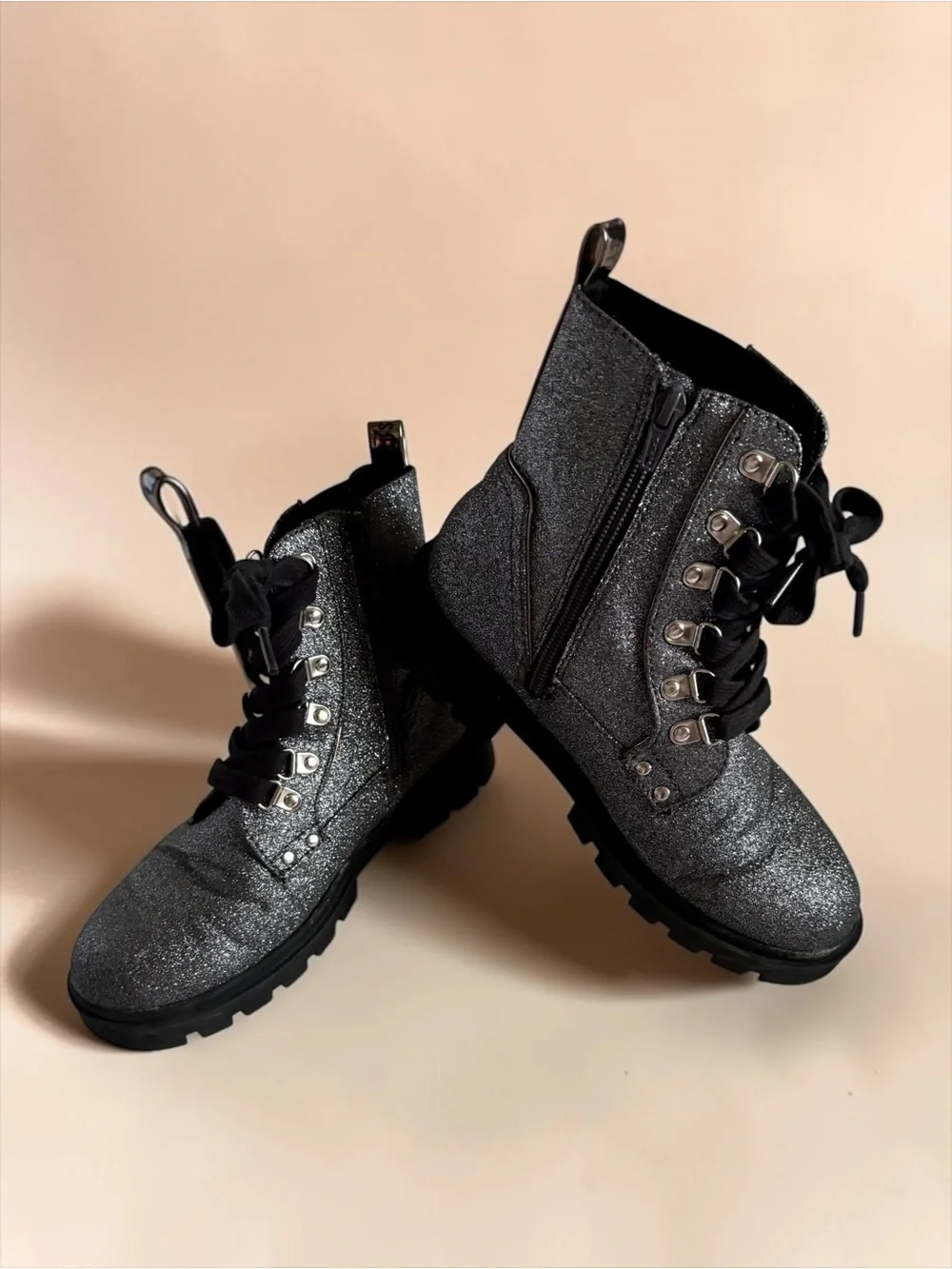 Justice Girls Silver Glitter Combat Boots — Size 4